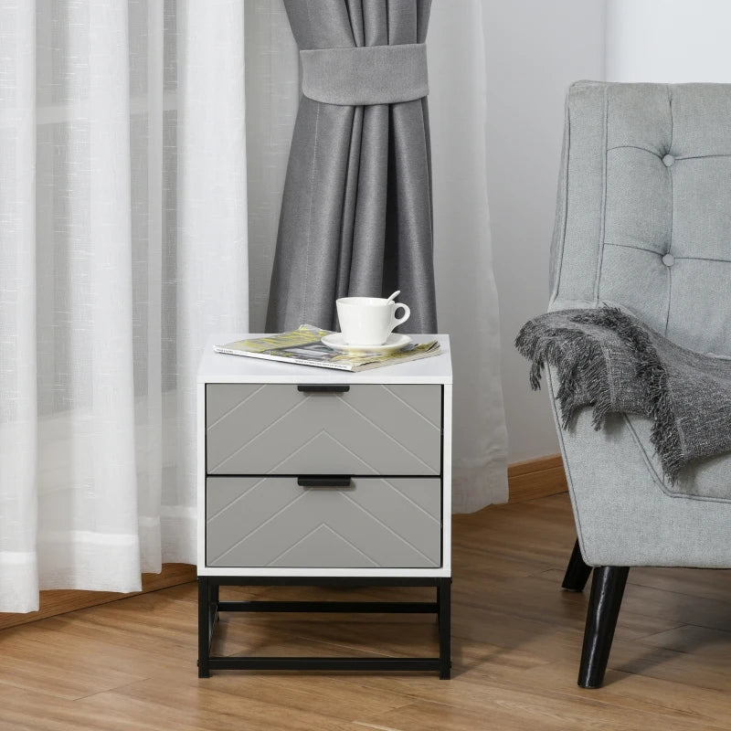 HOMCOM Bedside Cabinet w/ 2 Drawer Storage Unit, Bedroom Table, Metal Base-White
