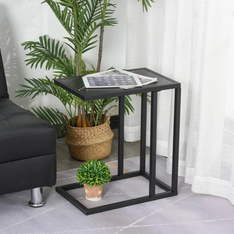 New C-Shape Side Table Marble-Effect Top Metal Frame Space-Saving Furniture