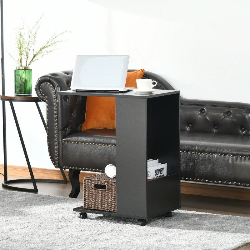 C-Shaped Sofa Side Table for Laptop Coffee w/ Storage and Casters, Homcom Black