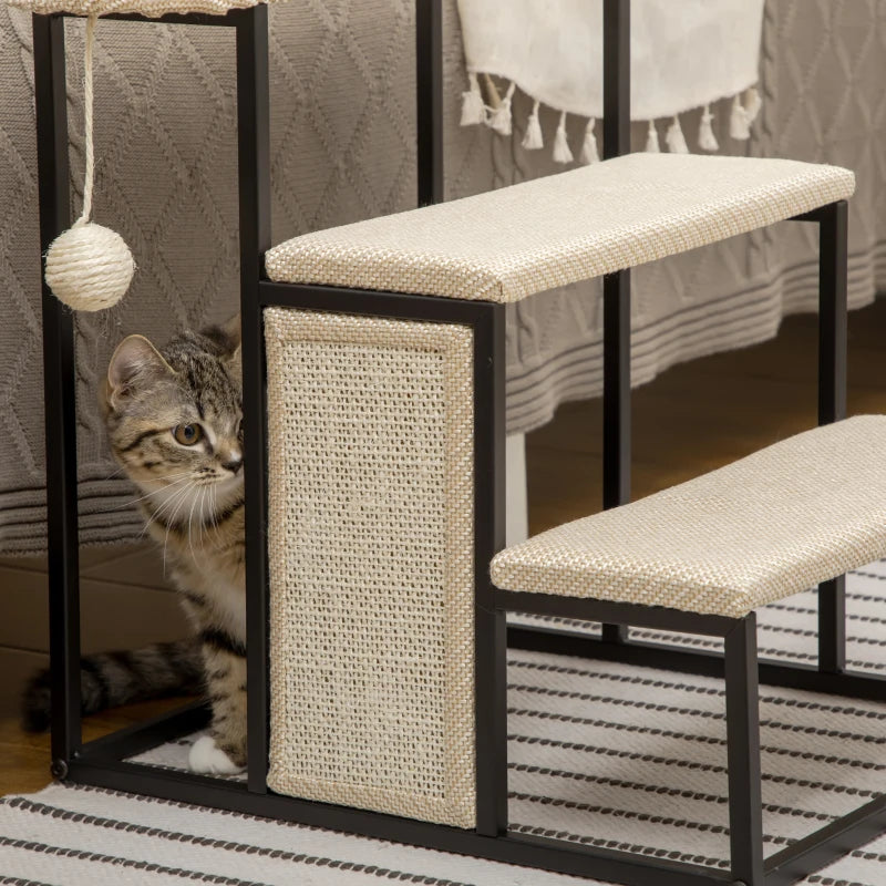 Cat 3-step Stairs with Scratching Board, Hanging Ball, Steel Frame-Cream Pawhut