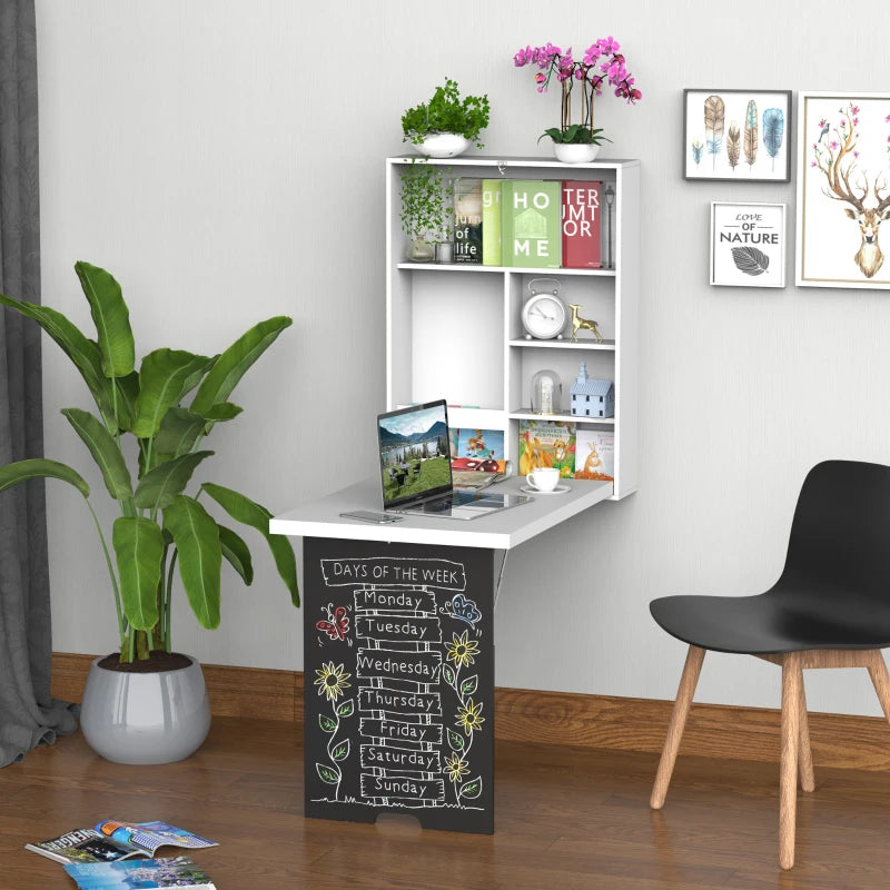 Homcom Folding Wall-Mounted Drop-Leaf Table with Chalkboard MDF,Shelf White 1 Pcs