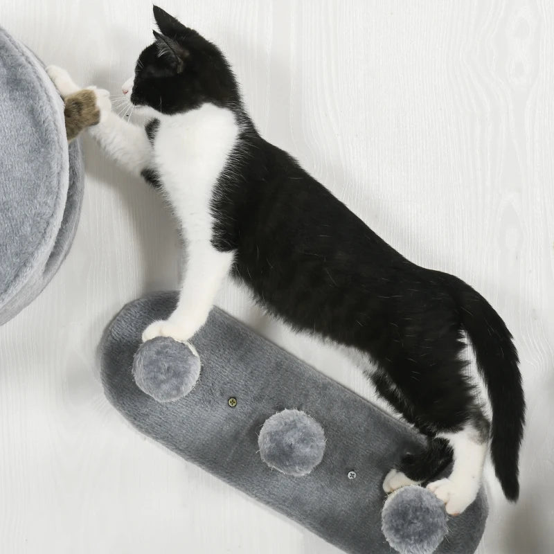 Pawhut Four-Piece Wall-Mounted Cat Tree with Platforms, Steps, Cat House - Grey