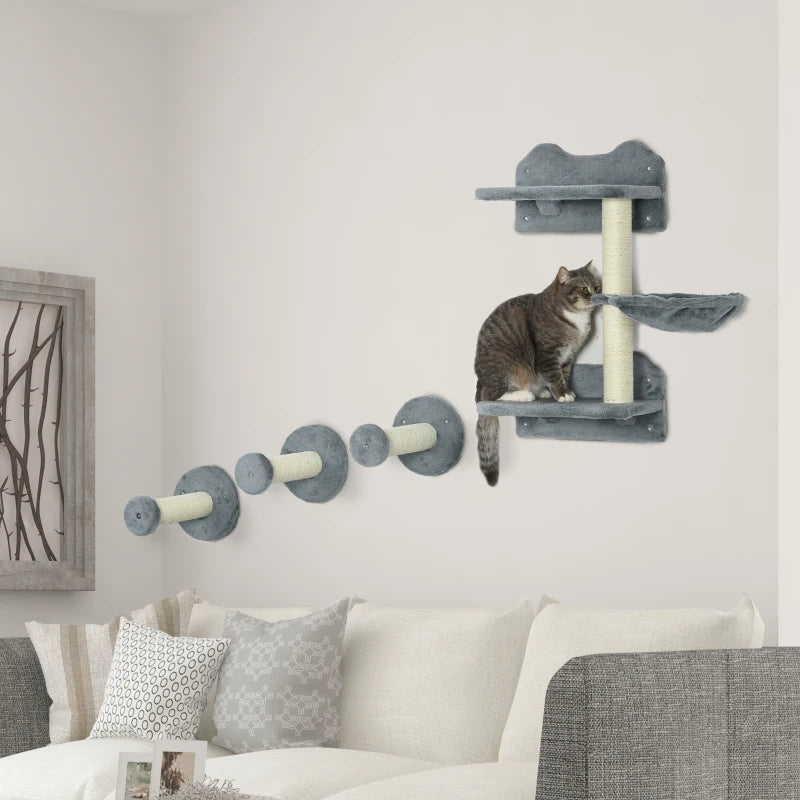 PawHut 3-step Cat Shelf w/ Scratching Post,Wall-Mounted Cat Tree for Indoor-Grey