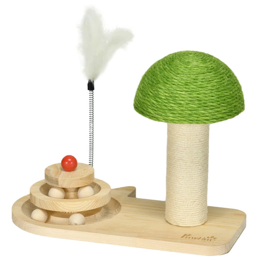 Mushroom-Shaped Cat-Scratching Post for Indoor with Toy Balls & Feather - Beige