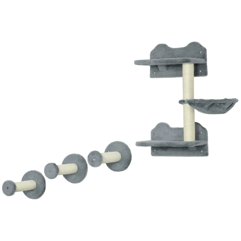PawHut 3-step Cat Shelf w/ Scratching Post,Wall-Mounted Cat Tree for Indoor-Grey