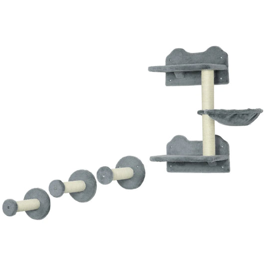 PawHut 3-step Cat Shelf w/ Scratching Post,Wall-Mounted Cat Tree for Indoor-Grey