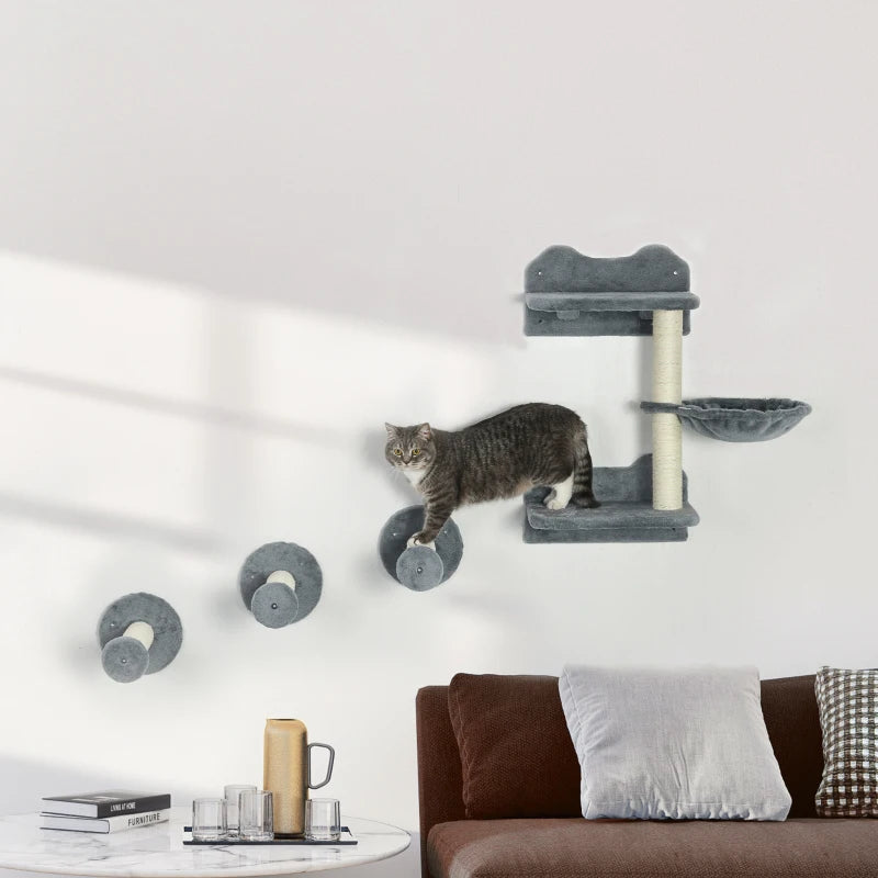 PawHut 3-step Cat Shelf w/ Scratching Post,Wall-Mounted Cat Tree for Indoor-Grey