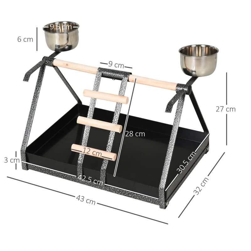 PawHut Portable Bird Stand Resting StainlessSteel Base Perch with Ladder & Bowls