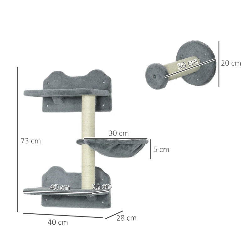 PawHut 3-step Cat Shelf w/ Scratching Post,Wall-Mounted Cat Tree for Indoor-Grey