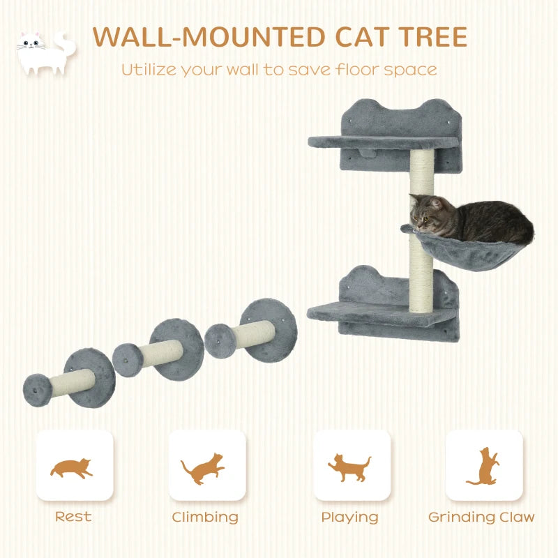 PawHut 3-step Cat Shelf w/ Scratching Post,Wall-Mounted Cat Tree for Indoor-Grey