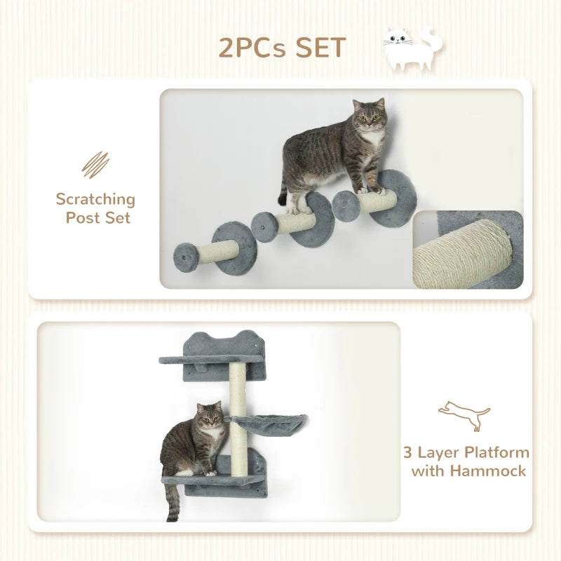 PawHut 3-step Cat Shelf w/ Scratching Post,Wall-Mounted Cat Tree for Indoor-Grey