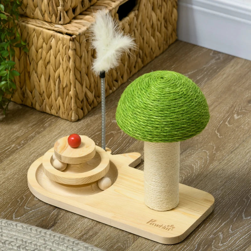 Mushroom-Shaped Cat-Scratching Post for Indoor with Toy Balls & Feather - Beige